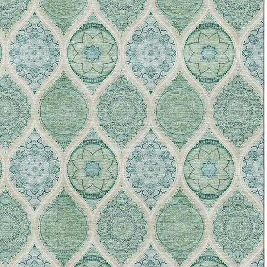 Sage Ivory And Teal Ogee Washable Area Rug With UV Protection Photo 2