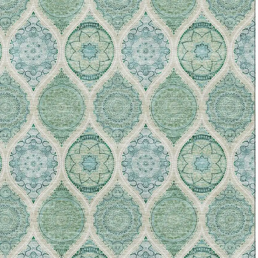 Sage Ivory And Teal Ogee Washable Area Rug With UV Protection Photo 2