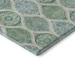 Photo of Sage Ivory And Teal Ogee Washable Area Rug With UV Protection