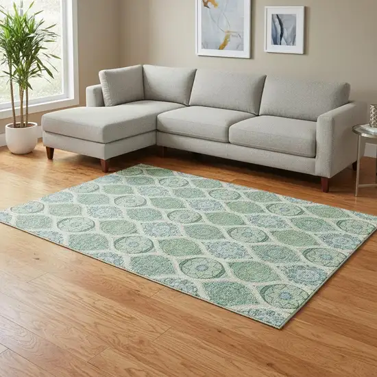 Sage Ivory And Teal Ogee Washable Area Rug With UV Protection Photo 2