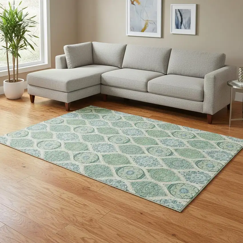 Sage Ivory And Teal Ogee Washable Area Rug With UV Protection Photo 2