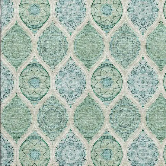 Sage Ivory And Teal Ogee Washable Area Rug With UV Protection Photo 2
