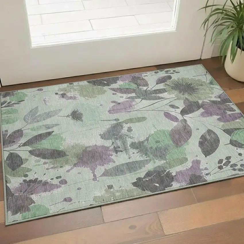 Sage Lavender And Gray Floral Washable Area Rug With UV Protection Photo 2