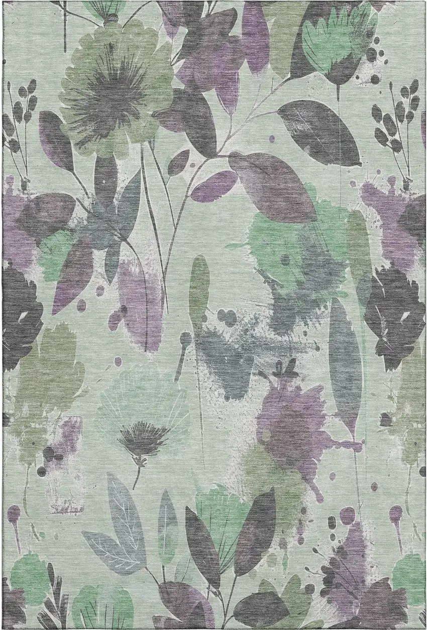 Sage Lavender And Gray Floral Washable Area Rug With UV Protection Photo 1