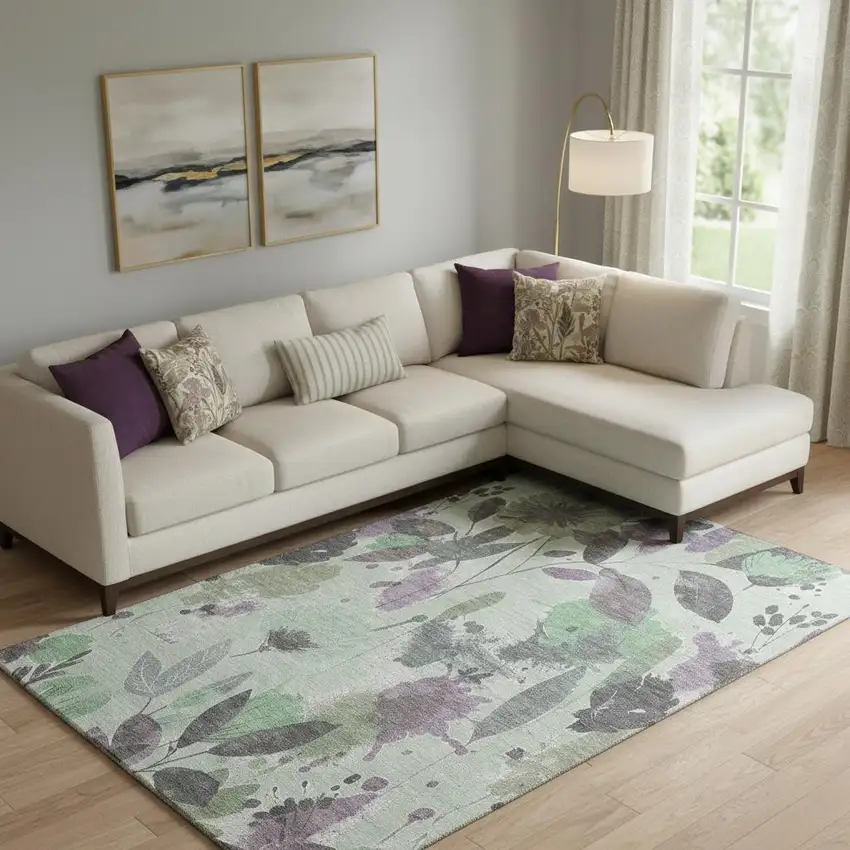 Sage Lavender And Gray Floral Washable Area Rug With UV Protection Photo 2