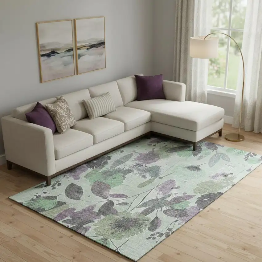 Sage Lavender And Gray Floral Washable Area Rug With UV Protection Photo 2