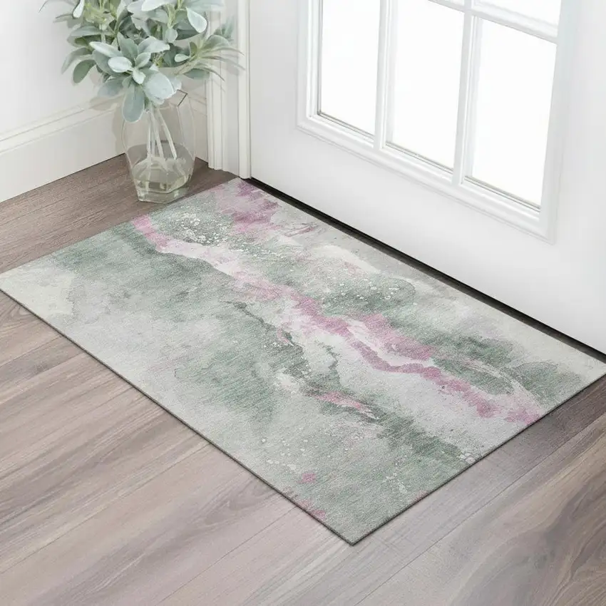 Sage Mauve And Ivory Abstract Washable Area Rug With UV Protection Photo 2