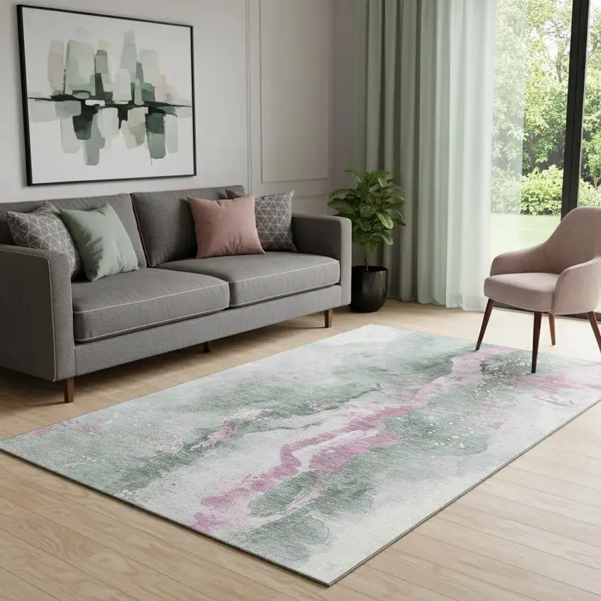 Sage Mauve And Ivory Abstract Washable Area Rug With UV Protection Photo 2