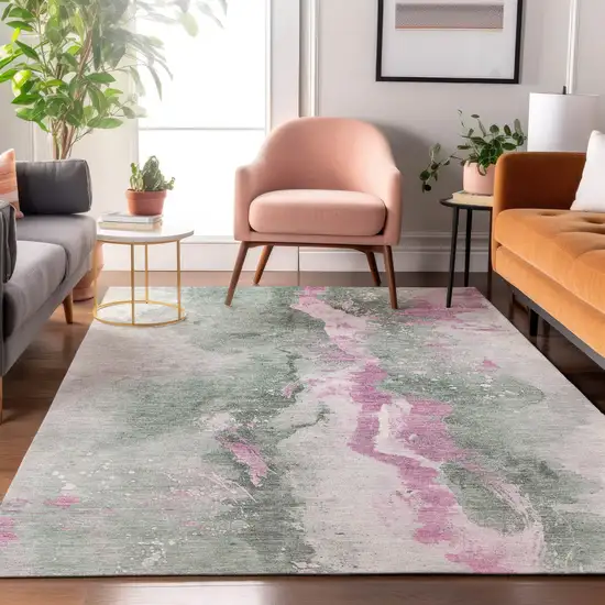 Sage Mauve And Ivory Abstract Washable Area Rug With UV Protection Photo 5