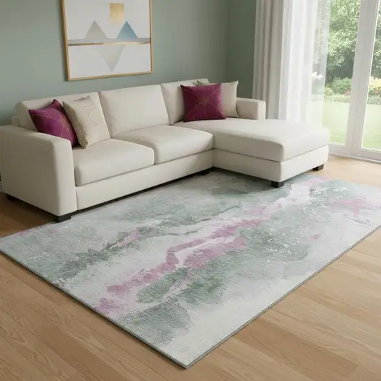 Sage Mauve And Ivory Abstract Washable Area Rug With UV Protection Photo 2