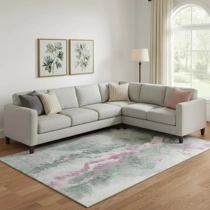 Sage Mauve And Ivory Abstract Washable Area Rug With UV Protection Photo 2