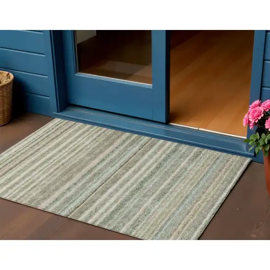 Sage Mint Green And Beige Striped Washable Indoor Outdoor Area Rug Photo 1