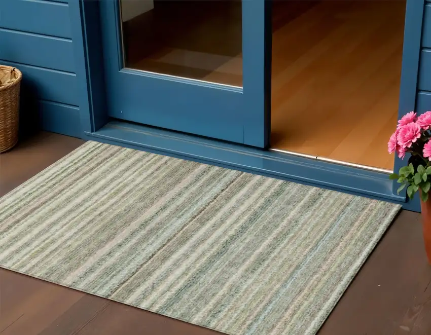Sage Mint Green And Beige Striped Washable Indoor Outdoor Area Rug Photo 1