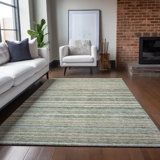 Sage Mint Green And Beige Striped Washable Indoor Outdoor Area Rug Photo 7
