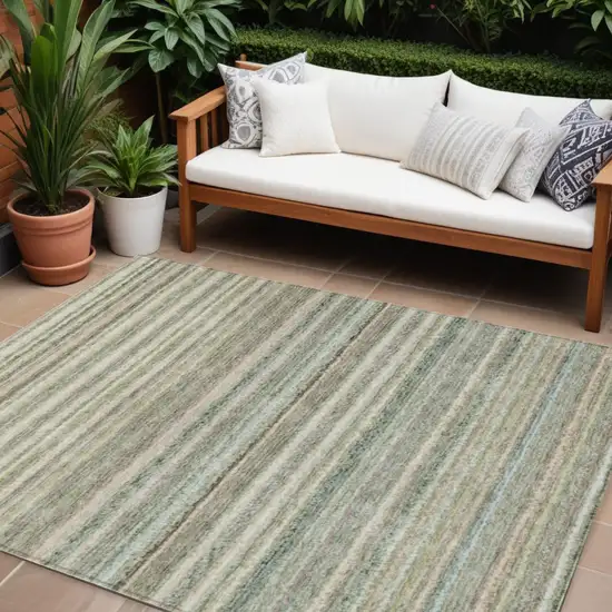 Sage Mint Green And Beige Striped Washable Indoor Outdoor Area Rug Photo 1