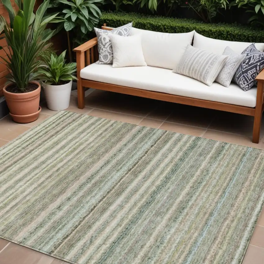 Sage Mint Green And Beige Striped Washable Indoor Outdoor Area Rug Photo 1