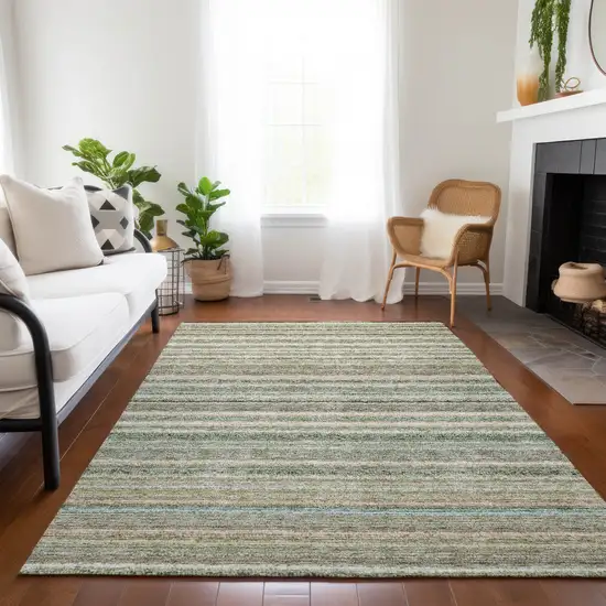 Sage Mint Green And Beige Striped Washable Indoor Outdoor Area Rug Photo 8