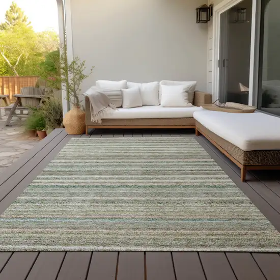 Sage Mint Green And Beige Striped Washable Indoor Outdoor Area Rug Photo 6