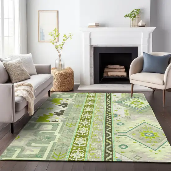 Sage Olive Green And Ivory Aztec Washable Indoor Outdoor Area Rug Photo 9