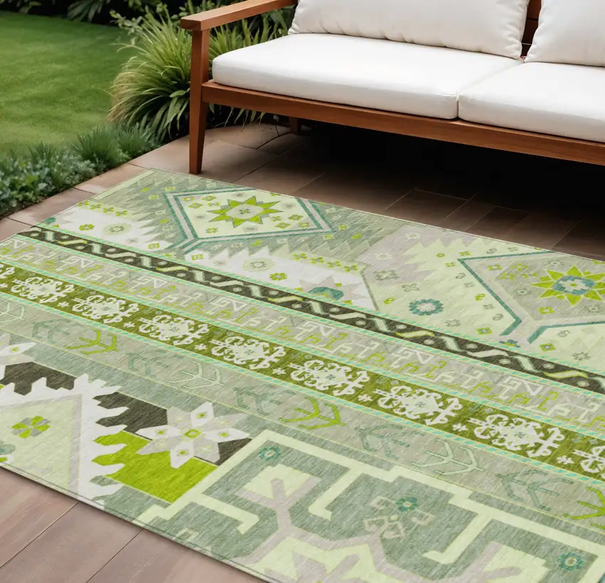 Sage Olive Green And Ivory Aztec Washable Indoor Outdoor Area Rug Photo 1