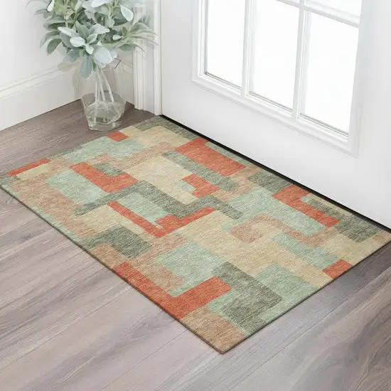 Sage Orange And Beige Geometric Washable Area Rug With UV Protection Photo 2