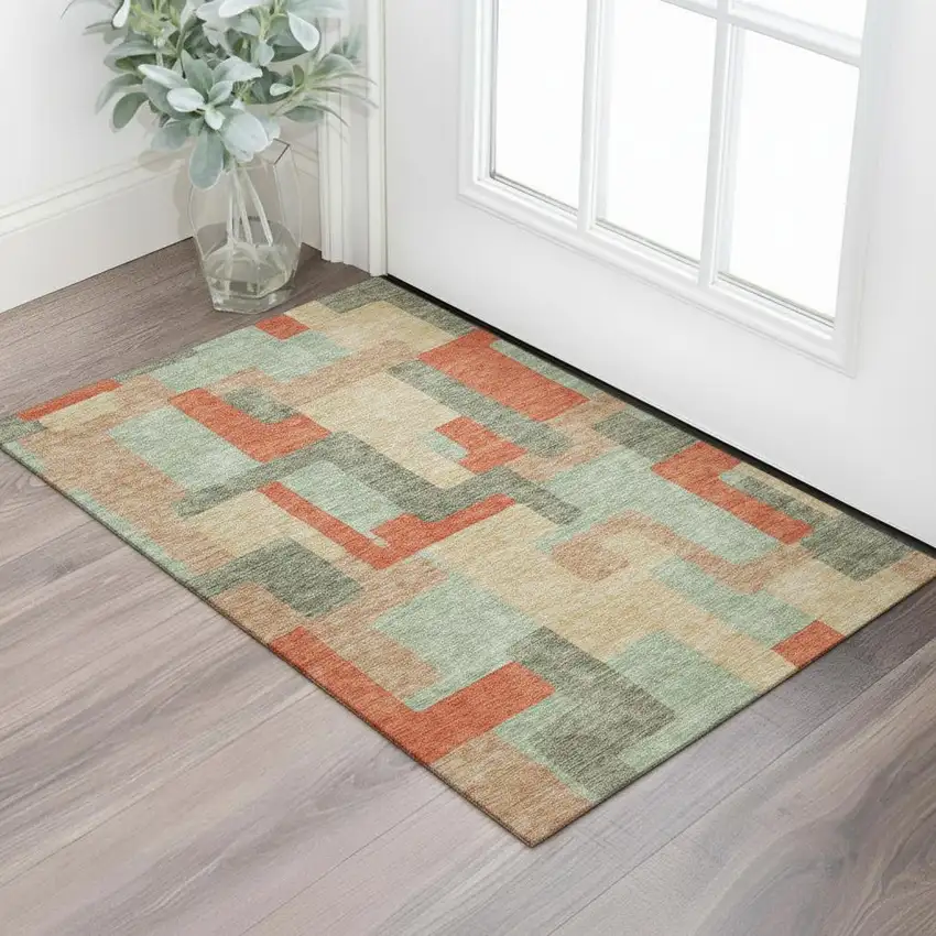 Sage Orange And Beige Geometric Washable Area Rug With UV Protection Photo 2