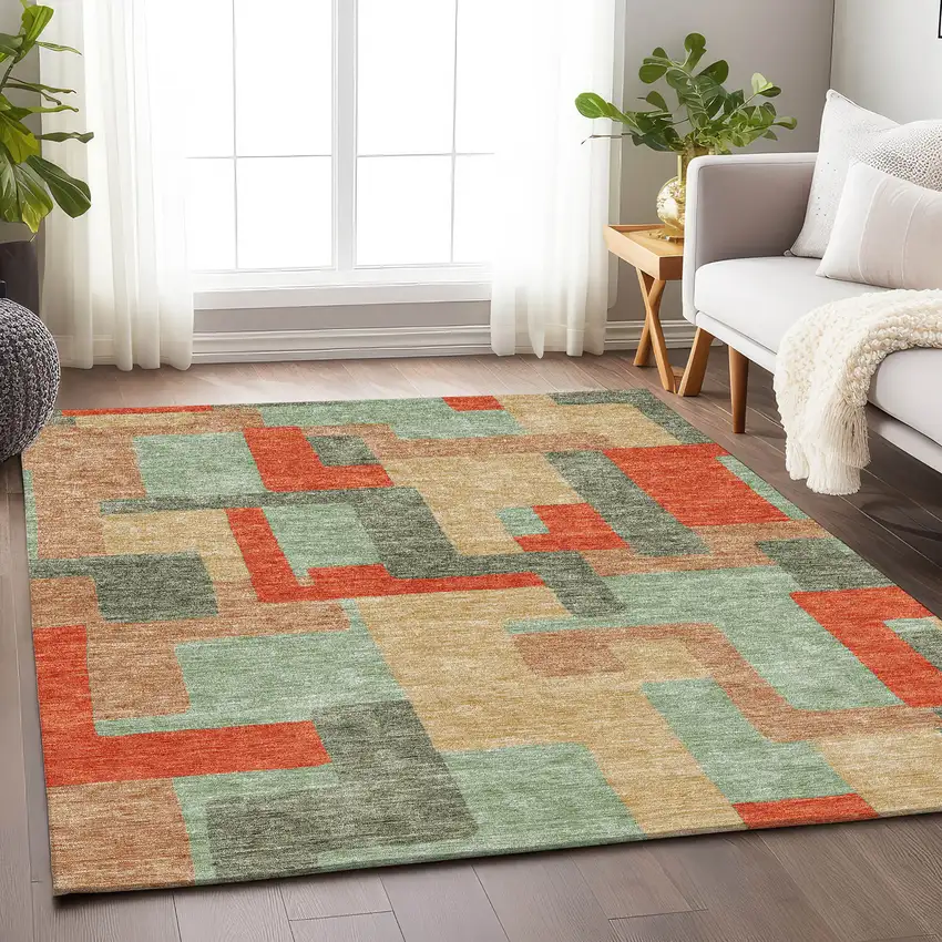 Sage Orange And Beige Geometric Washable Area Rug With UV Protection Photo 4
