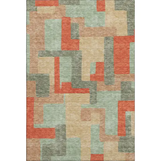 Sage Orange And Beige Geometric Washable Area Rug With UV Protection Photo 1