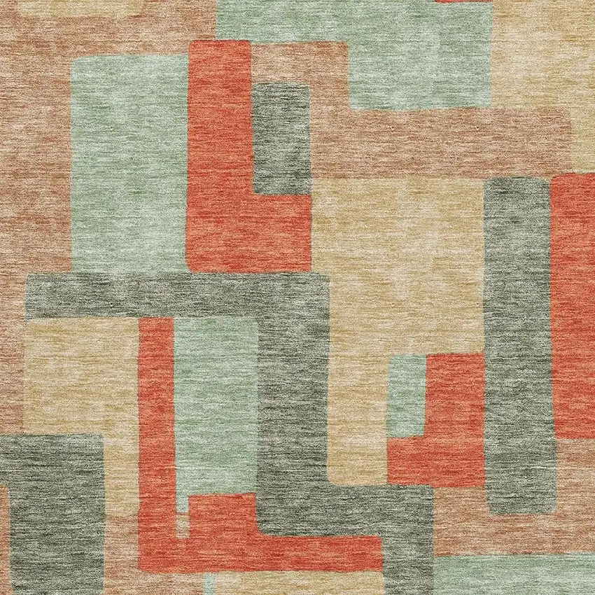 Sage Orange And Beige Geometric Washable Area Rug With UV Protection Photo 2