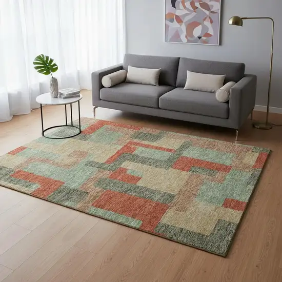Sage Orange And Beige Geometric Washable Area Rug With UV Protection Photo 2