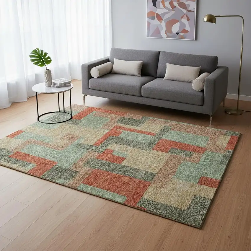 Sage Orange And Beige Geometric Washable Area Rug With UV Protection Photo 2