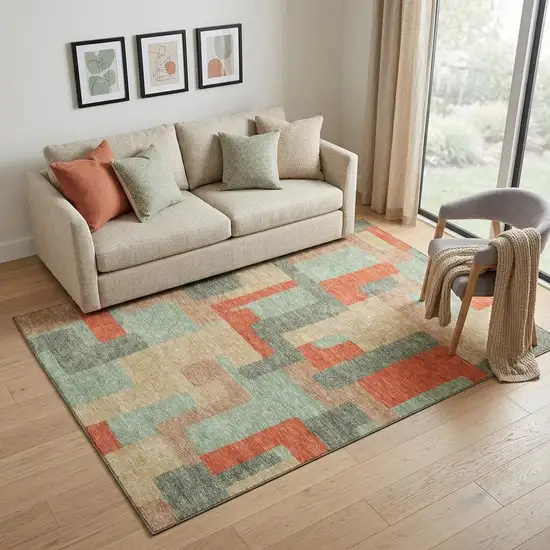 Sage Orange And Beige Geometric Washable Area Rug With UV Protection Photo 1