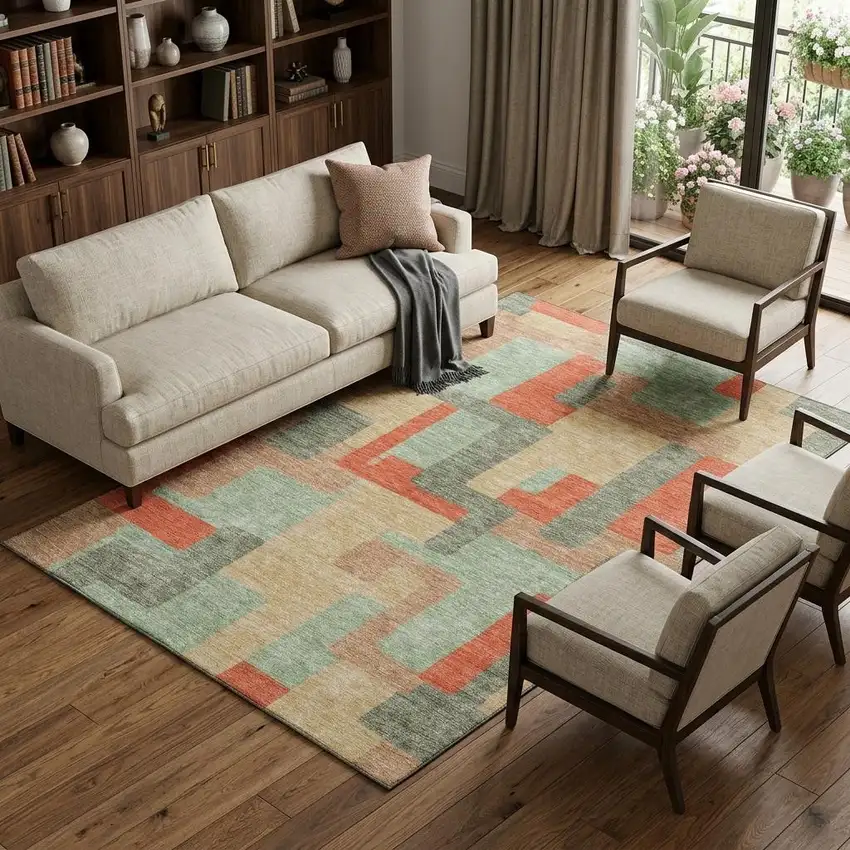 Sage Orange And Beige Geometric Washable Area Rug With UV Protection Photo 1