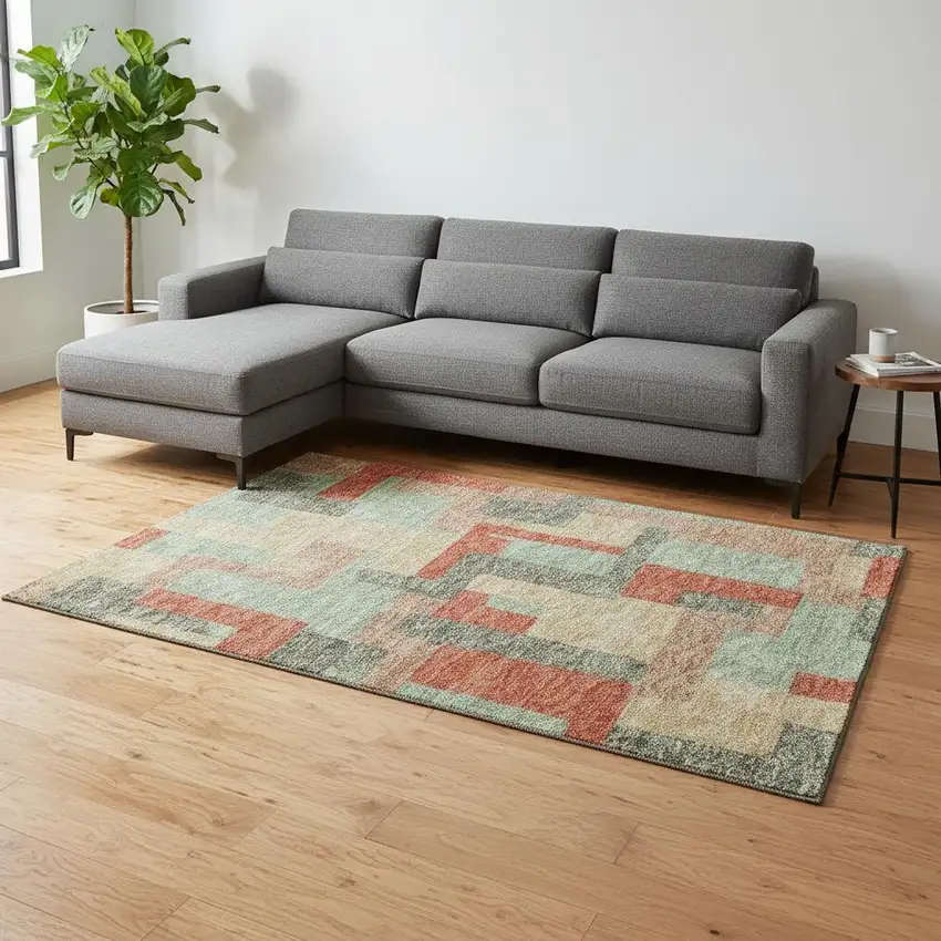 Sage Orange And Beige Geometric Washable Area Rug With UV Protection Photo 2