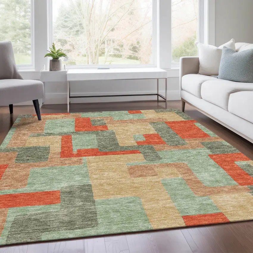 Sage Orange And Beige Geometric Washable Area Rug With UV Protection Photo 5