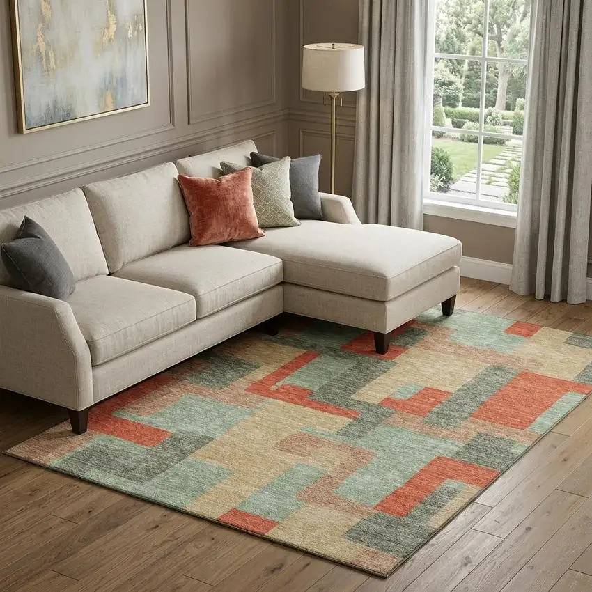 Sage Orange And Beige Geometric Washable Area Rug With UV Protection Photo 1