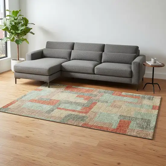 Sage Orange And Beige Geometric Washable Area Rug With UV Protection Photo 2