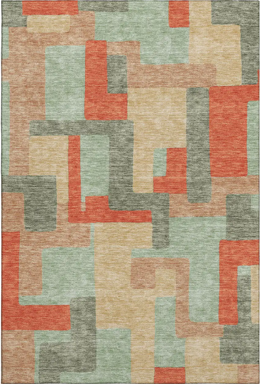 Sage Orange And Beige Geometric Washable Area Rug With UV Protection Photo 1