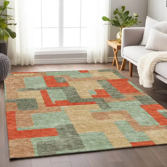 Sage Orange And Beige Geometric Washable Area Rug With UV Protection Photo 3