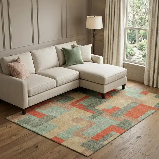 Sage Orange And Beige Geometric Washable Area Rug With UV Protection Photo 1