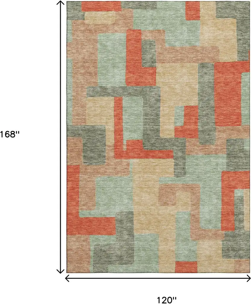 Sage Orange And Beige Geometric Washable Area Rug With UV Protection Photo 9