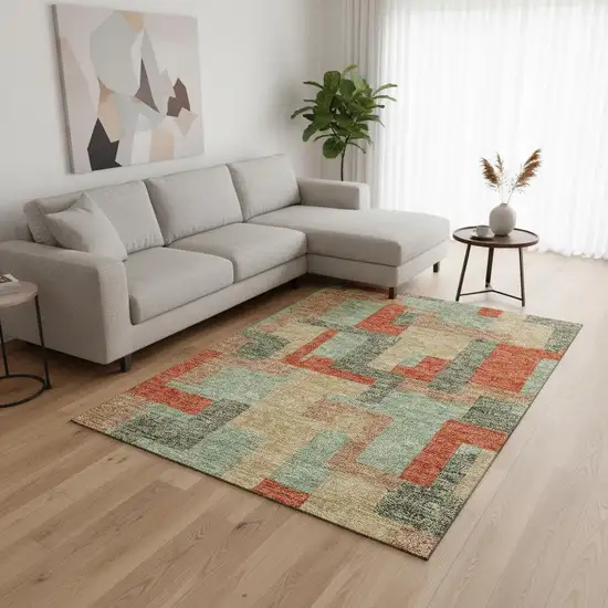 Sage Orange And Beige Geometric Washable Area Rug With UV Protection Photo 2