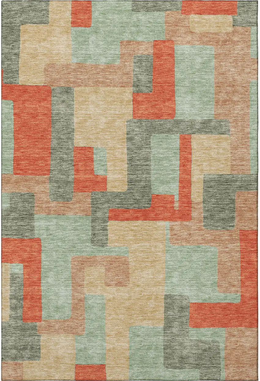 Sage Orange And Beige Geometric Washable Area Rug With UV Protection Photo 2