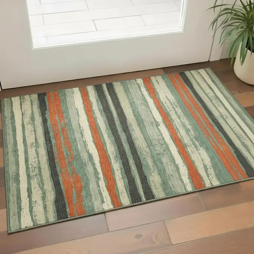 Sage Orange And Beige Striped Washable Area Rug With UV Protection Photo 2
