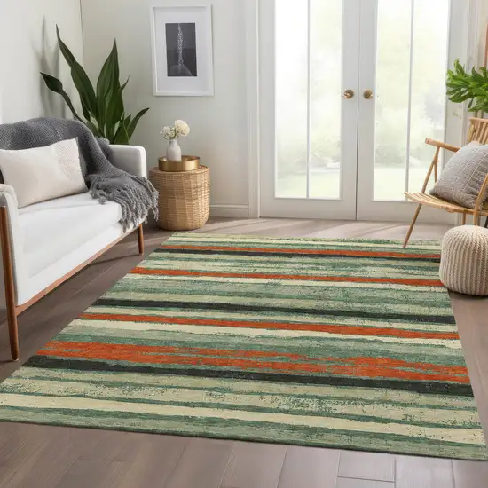 Sage Orange And Beige Striped Washable Area Rug With UV Protection Photo 5