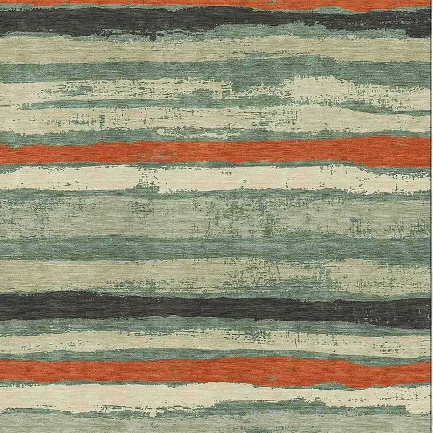 Sage Orange And Beige Striped Washable Area Rug With UV Protection Photo 2