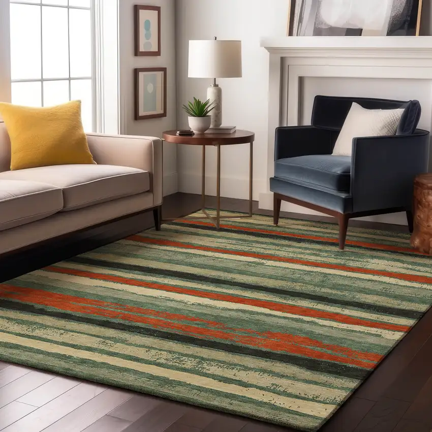 Sage Orange And Beige Striped Washable Area Rug With UV Protection Photo 4