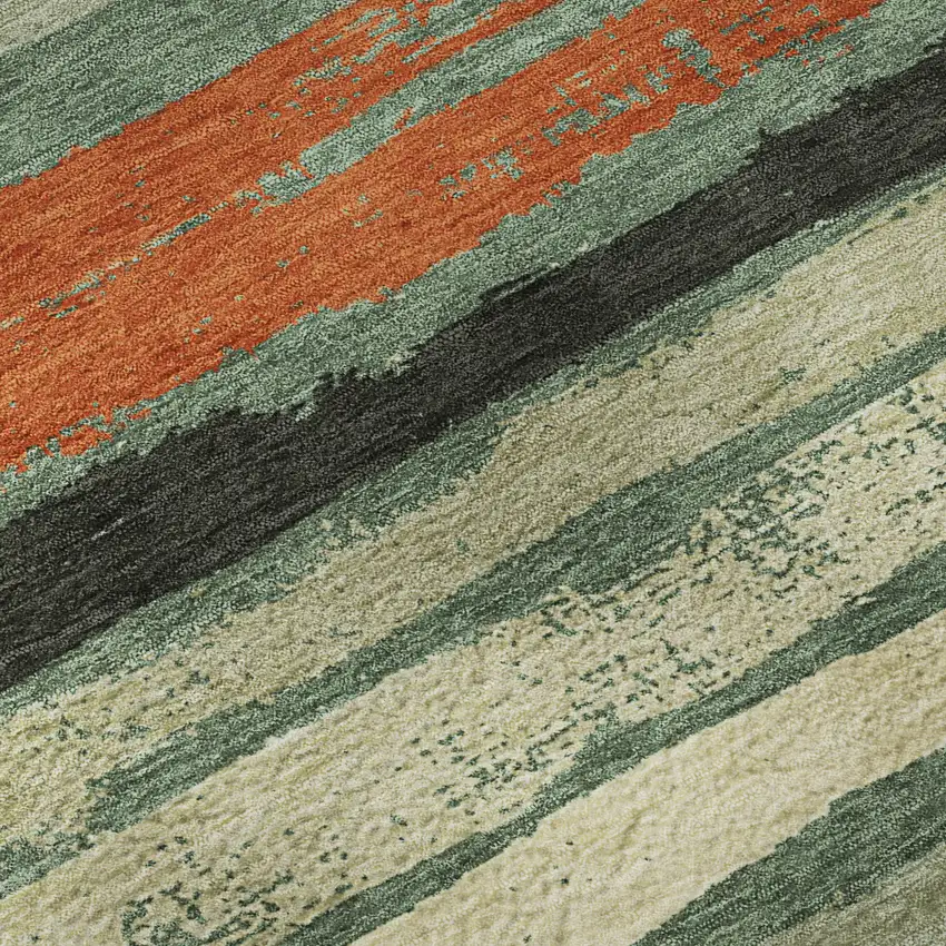 Sage Orange And Beige Striped Washable Area Rug With UV Protection Photo 9