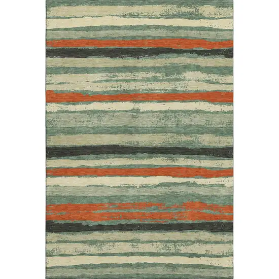 Sage Orange And Beige Striped Washable Area Rug With UV Protection Photo 1