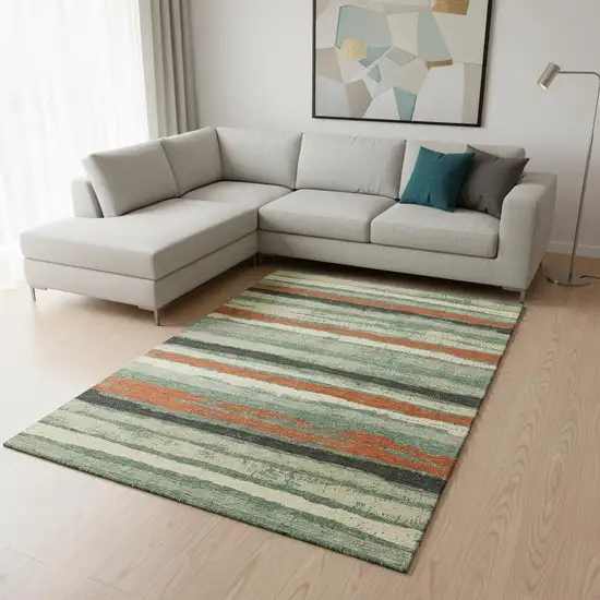 Sage Orange And Beige Striped Washable Area Rug With UV Protection Photo 2